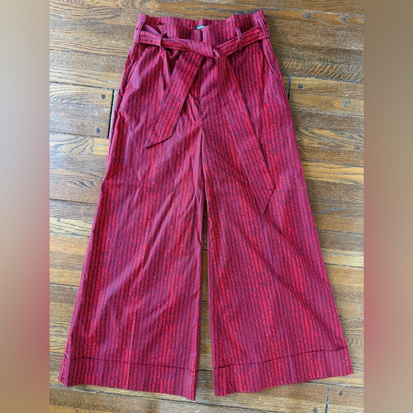 Pants - RARE red Marimekko herringbone trousers with tie belt, size 40 (US 8/10)